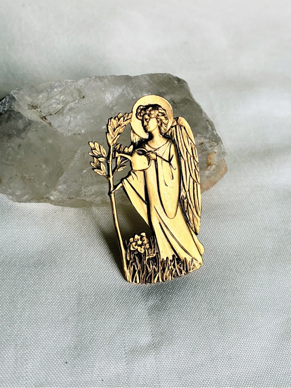 vintage catholic religious gold tone metal garden angel pin 2 inch brooch